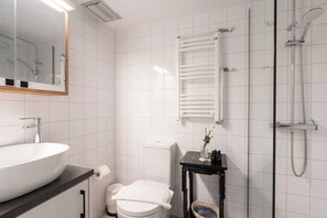 Shower, hair dryer, soap, shampoo
