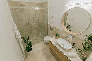 Shower, hair dryer, soap, shampoo