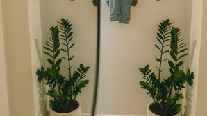 Un couloir avec deux plantes en pot, une veste en jean et deux chapeaux accrochés à des crochets.