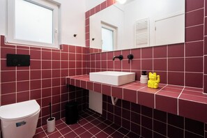 Shower, hair dryer, soap, shampoo
