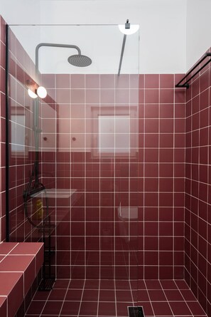 Shower, hair dryer, soap, shampoo