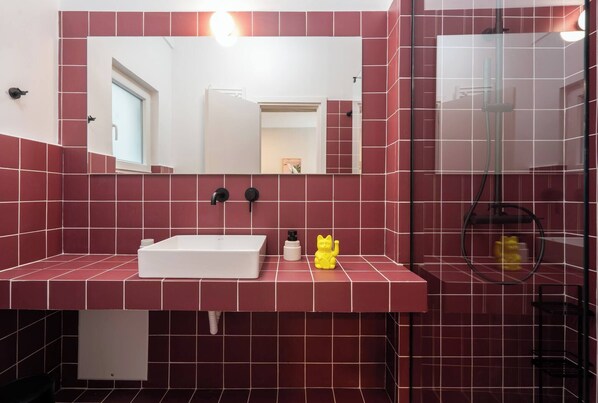 Shower, hair dryer, soap, shampoo