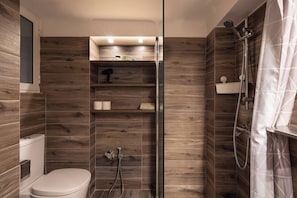 Shower, hair dryer, soap, shampoo
