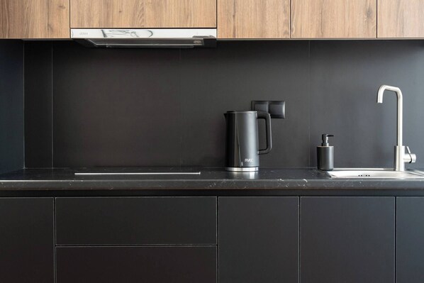 Fridge, microwave, stovetop, electric kettle