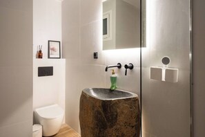 Shower, hair dryer, soap, shampoo