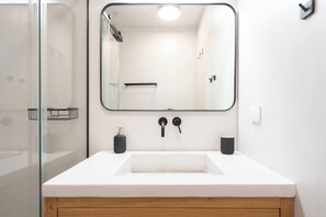 Shower, hair dryer, soap, shampoo