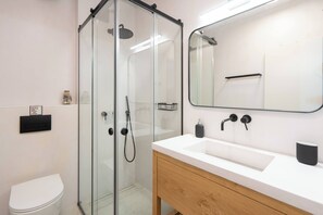 Shower, hair dryer, soap, shampoo