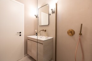 Shower, hair dryer, shampoo