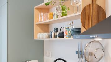 A modern kitchen with a black countertop, a sink, a kettle, and a plant on a shelf.