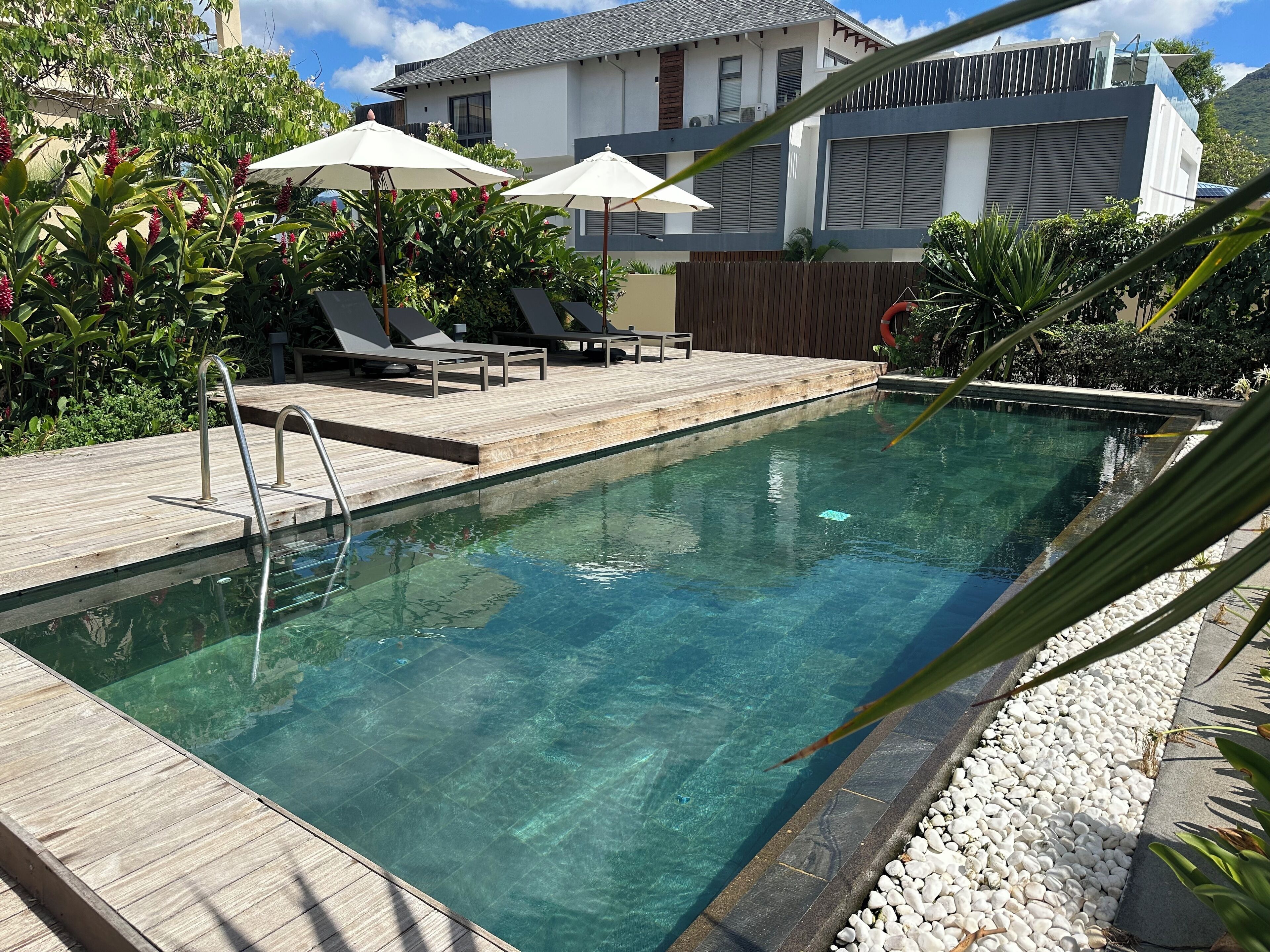 En klar swimmingpool med træterrasse, liggestole og parasoller.