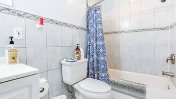 Hair dryer, towels, soap, toilet paper