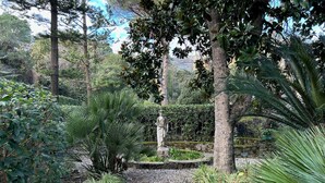 A garden pathway with a statue, surrounded by various plants and trees.