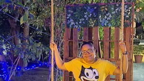A person on a swing with a wooden frame and ropes, surrounded by greenery and blue string lights.