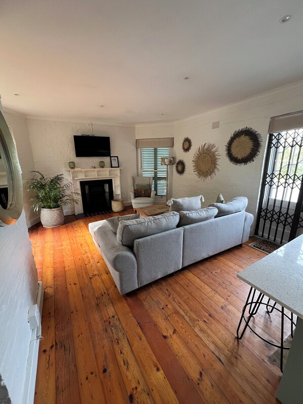 Smart TV, fireplace, books