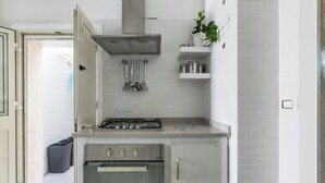 Eine moderne Küche mit Gasherd, Backofen und Edelstahl-Schränken.