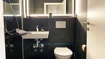 Hair dryer, towels, soap, toilet paper
