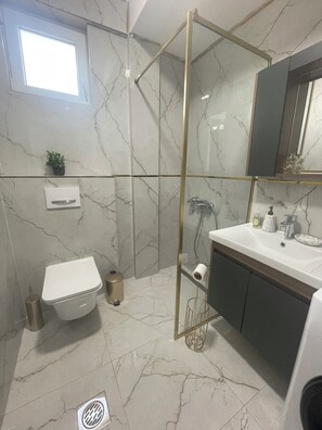 Séchoir à cheveux, serviettes fournies, papier de toilette