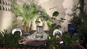 A garden with a water feature, palm trees, and various plants.