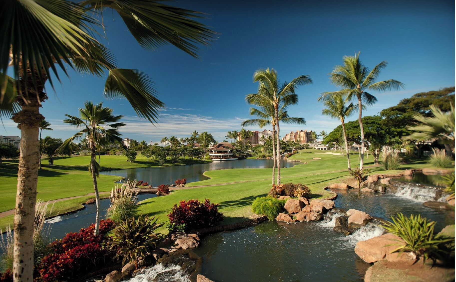 A golf course with a pond, palm trees, and a view of a resort area.