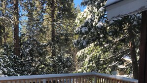 A snow-covered deck with a wooden railing, surrounded by snow-laden trees. - Charming Ski cabin with WiFi near Dodge Ridge, great for family or small group. (Mi-Wuk Village)