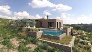 A modern house with a swimming pool, surrounded by greenery and a stone wall. - Villa Aether Stelida Naxos (Naxos)