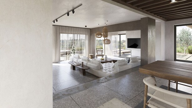 A spacious living area with a modern design, featuring a large sofa set, a dining table, and a view of the outdoors. - Villa Aether Stelida Naxos (Naxos)