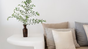 Een witte bank met beige en grijze kussens, een bruine vaas met een groene plant, en een witte muur.