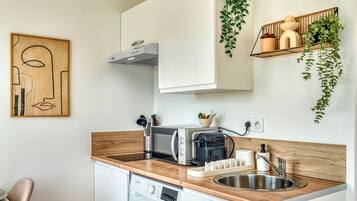 Réfrigérateur, micro-ondes, plaque de cuisson, cafetière/bouilloire