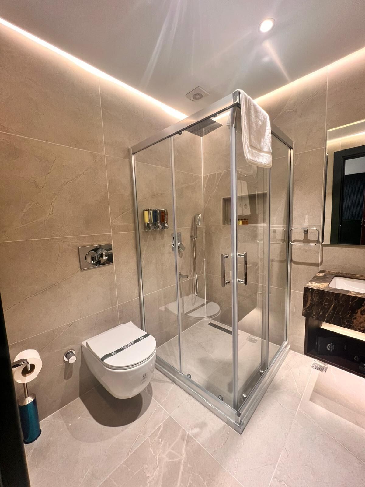 Ein modernes Badezimmer mit einer gläsernen Dusche, einer Toilette und einem Waschtisch mit Spiegel.