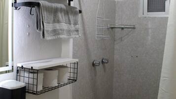 Hair dryer, towels, soap, toilet paper