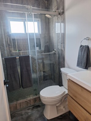 Douche, sèche-cheveux, serviettes fournies, papier toilette