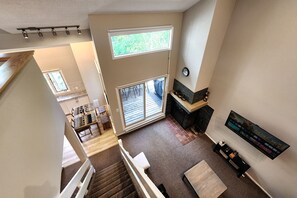 Smart TV, fireplace, books