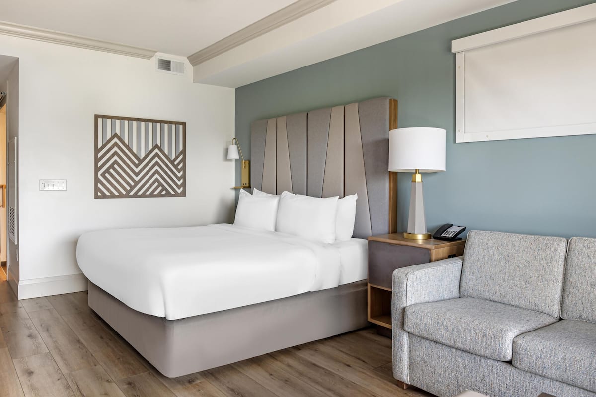 Una habitación de hotel con una cama grande, un sofá gris, una lámpara de pared y un adorno mural.