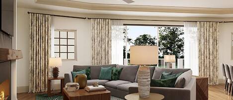 A modern living room with a sofa, coffee table, and lamp. There is a fireplace on the left and a window with curtains.