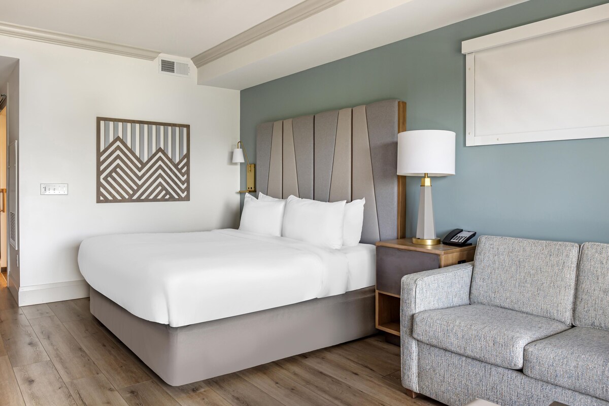 Quarto de hotel moderno com uma cama grande, um sofá cinzento, uma luminária na parede e um objeto decorativo na parede.