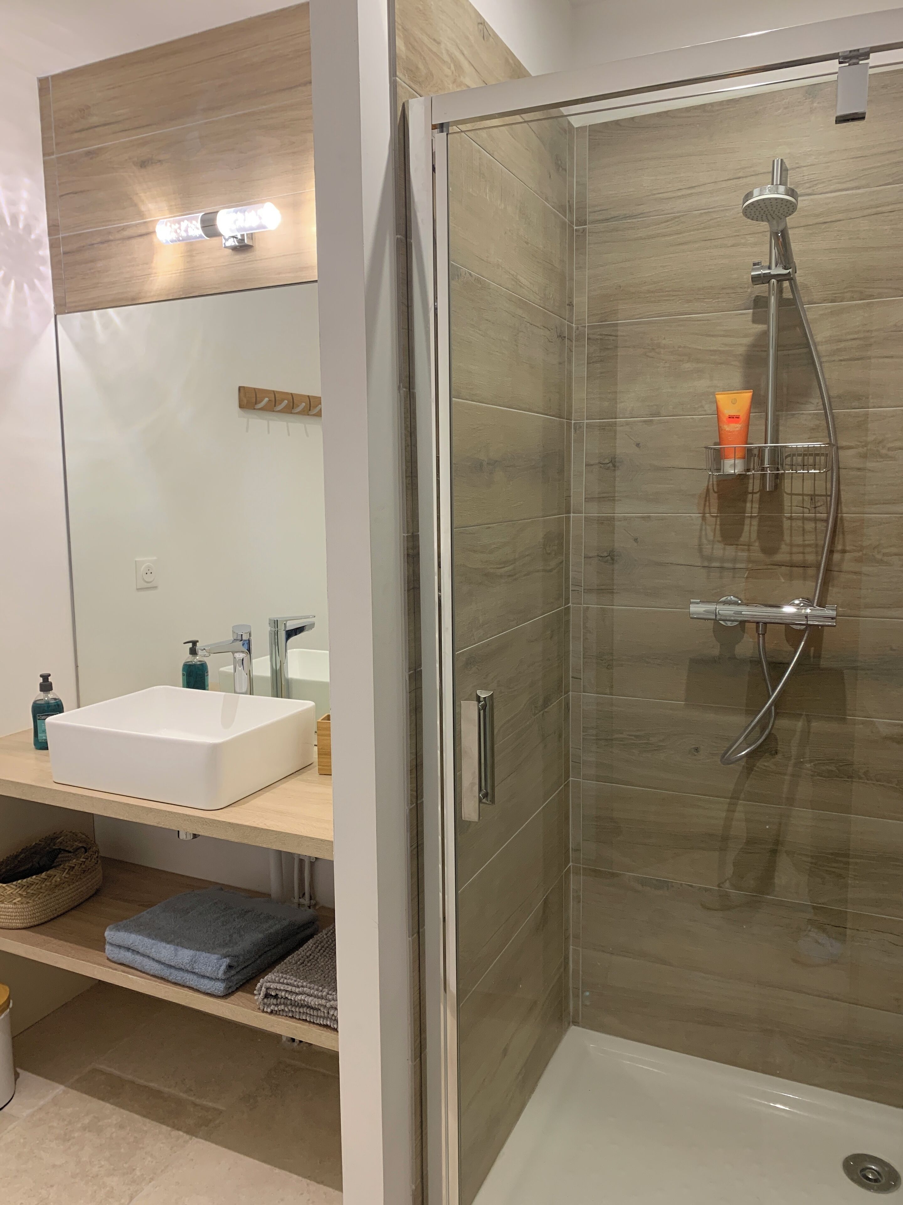 Hair dryer, towels, toilet paper