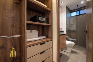 Hair dryer, towels, soap, toilet paper