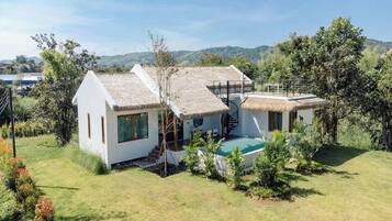 A modern house with a thatched roof, a swimming pool, and a staircase leading to a second level.