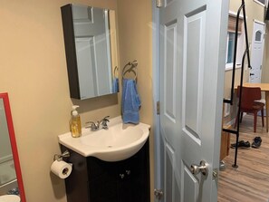 Hair dryer, towels, soap, toilet paper