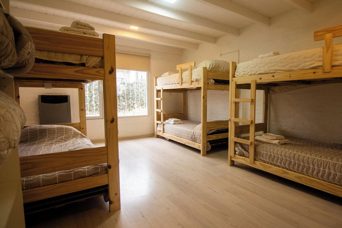 A dormitory room with bunk beds, a window, and a radiator.