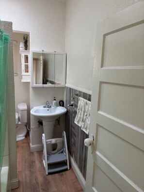 Hair dryer, bidet, towels, soap