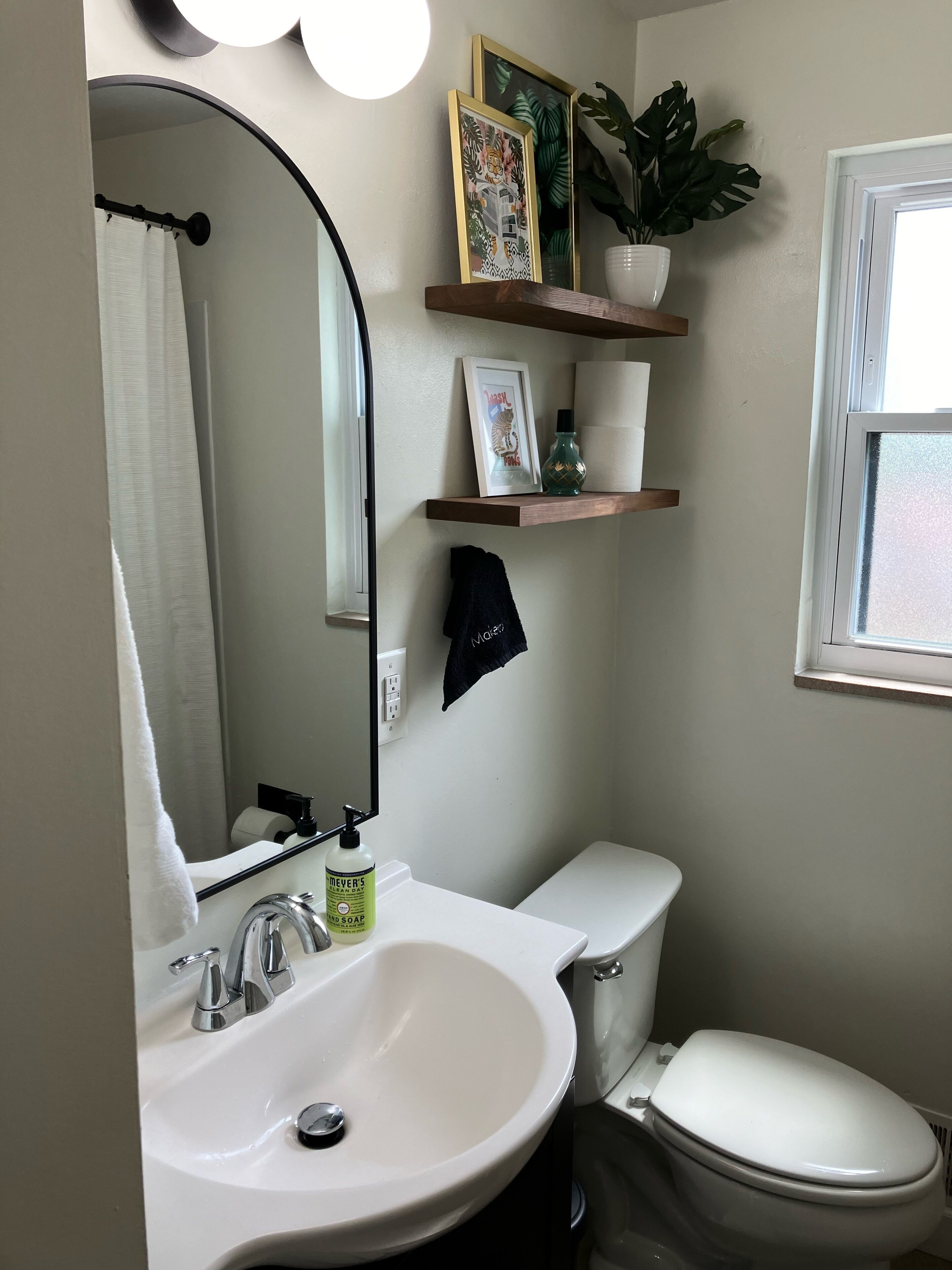 A bathroom with a white sink, a toilet, a mirror, and a shower curtain. There are two framed pictures on a shelf above the toilet, a potted plant, and a towel hanging on the wall.