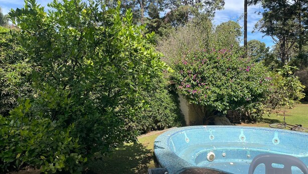A backyard with a swimming pool, surrounded by lush greenery and trees. - Country houses in Avandaro, 700 m. of commercial area Avandaro (Valle de Bravo)