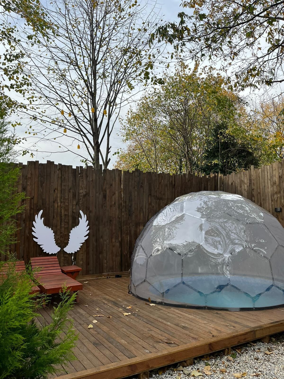 A transparent dome structure on a wooden deck with a wooden fence in the background.