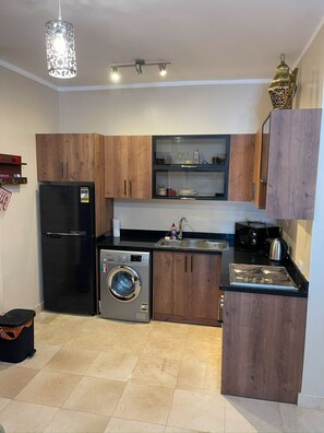 Fridge, microwave, oven, electric kettle