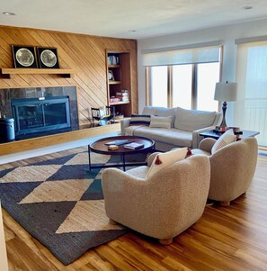 Smart TV, fireplace, books