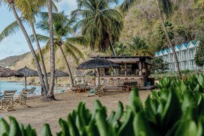 A beachside resort with thatched umbrellas, lounge chairs, and a wooden bar area.