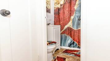 Hair dryer, towels, shampoo, toilet paper