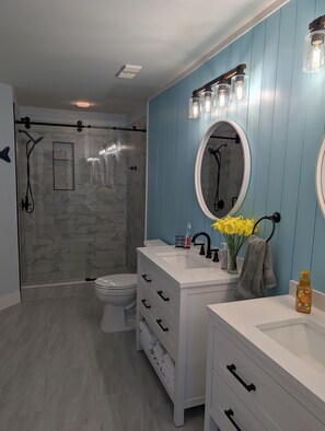 Shower, hair dryer, towels, soap