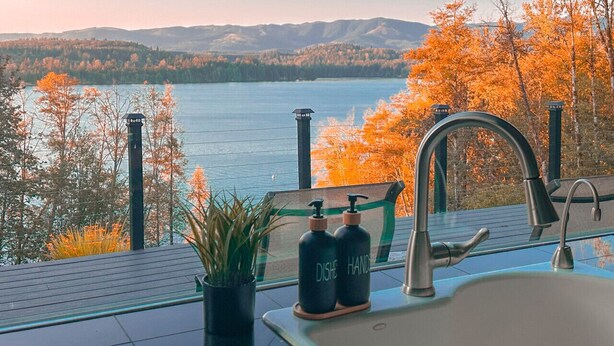 A bathroom with a view of a lake and mountains, a sink, two soap dispensers, and a potted plant. - Mayfield Lake Waterfront Escape (Mossyrock)